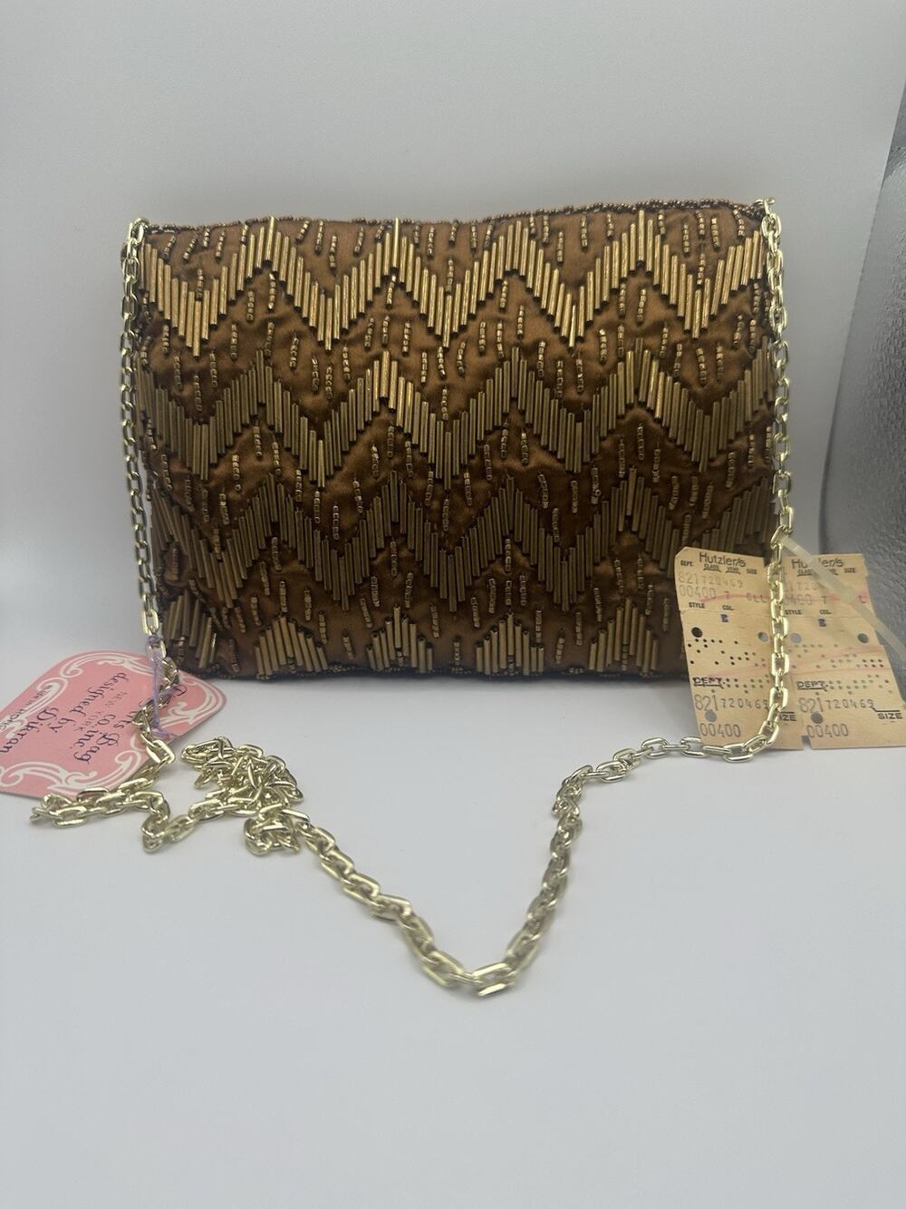 NWT Vintage Evening Purse, Copper Beads, Gold Chain, Size 4ins X 7 Ins